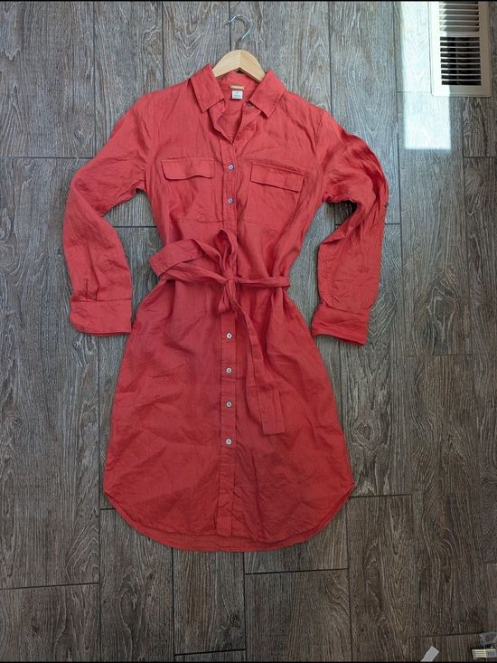 Magaschoni Dresses & Skirts - Magaschoni 100% Linen Shirt Dress Long Sleeve Small Spice Orange Belted Waist